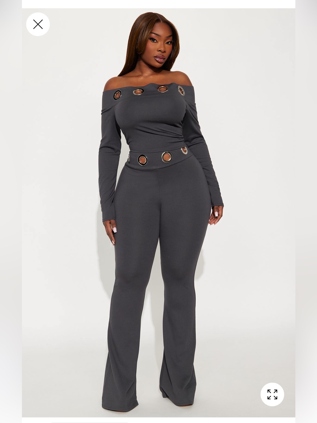 Fashion Nova Off-Shoulder Grommet Bootcut Jumpsuit - Charcoal Gray